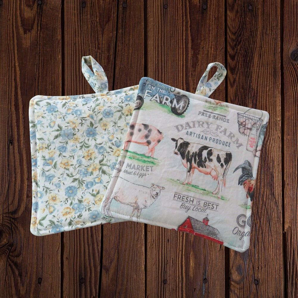 Handmade Potholder, Set of 2, Reversible Farm and Country Floral Hot Pads